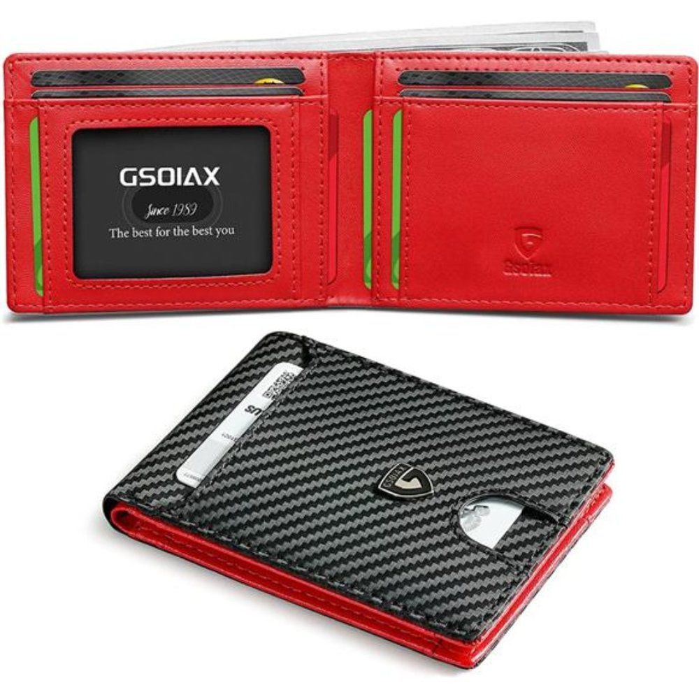 Mens Slim Wallet RFID Blocking Bifold Carbon Fiber Thin wallet (Black and Red)